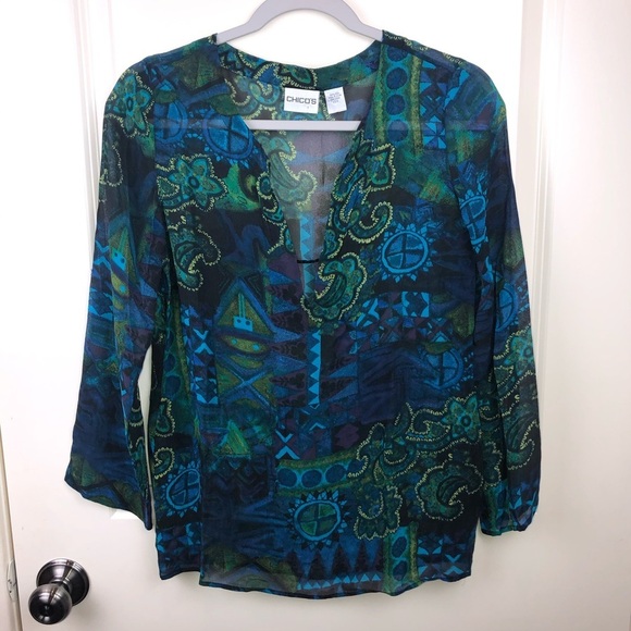 Chico’s V Neck Sheer Popover Blouse Blue Green S - Picture 13 of 13